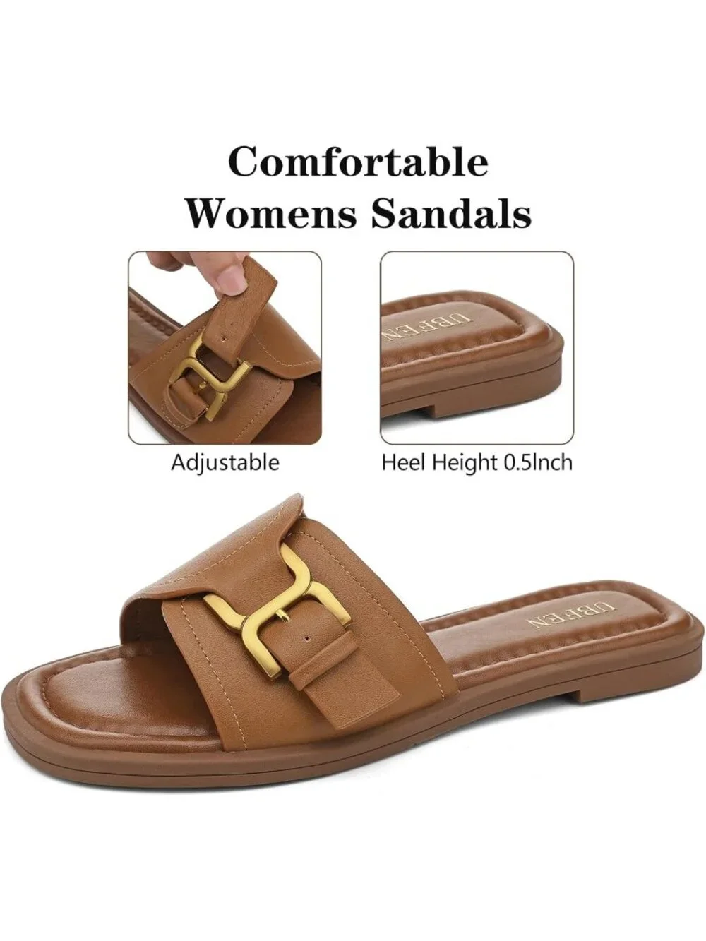 Women's Brown 1 Square Toe Flat Sandals Slides Dressy Comfortable for Beach